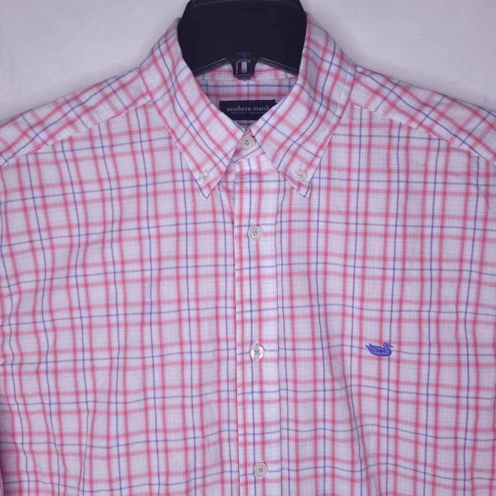 Southern Marsh Shirt Mens Medium Plaid White, Red, Blue Cotton Wrinkle Free